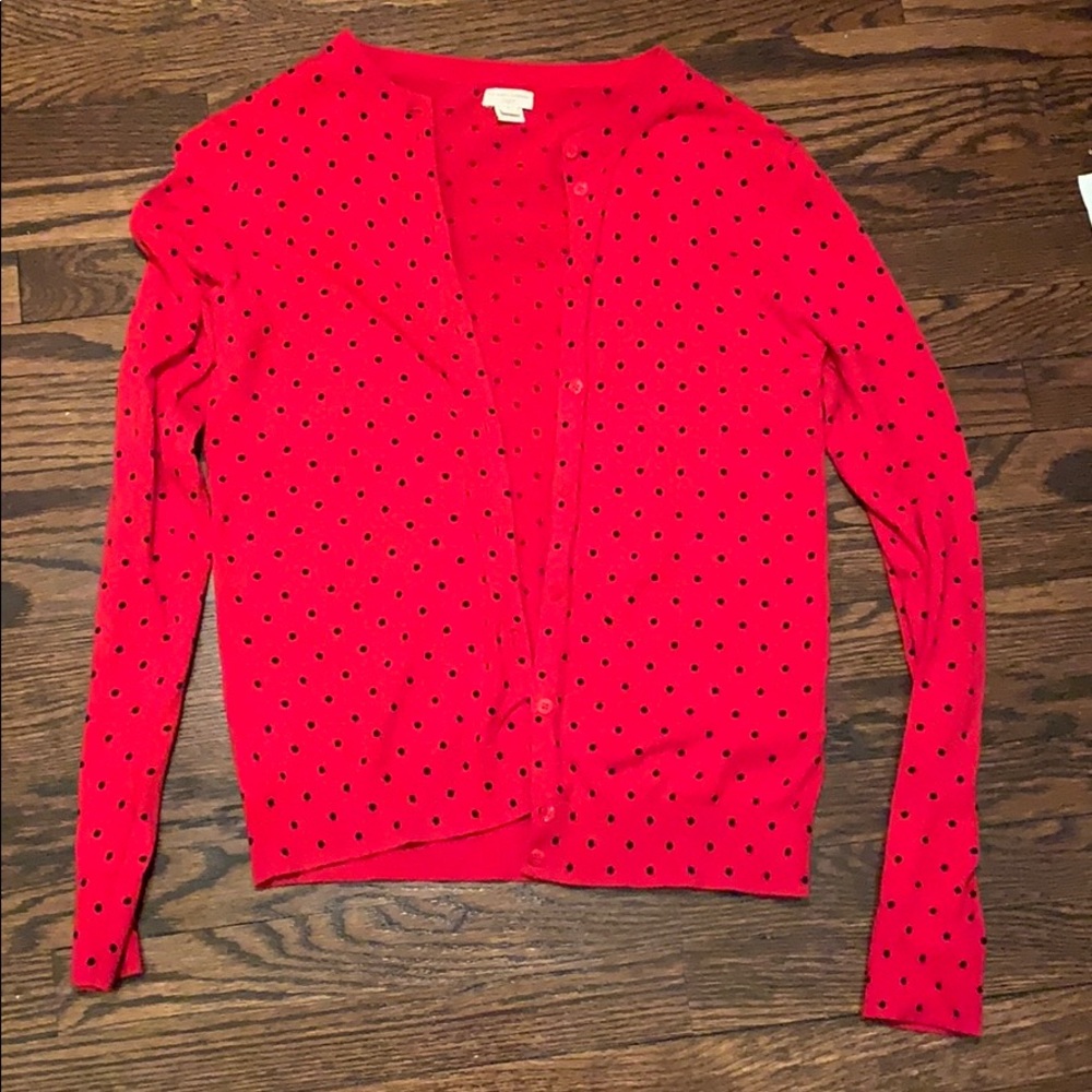 Red polka dotted J. Crew cardigan